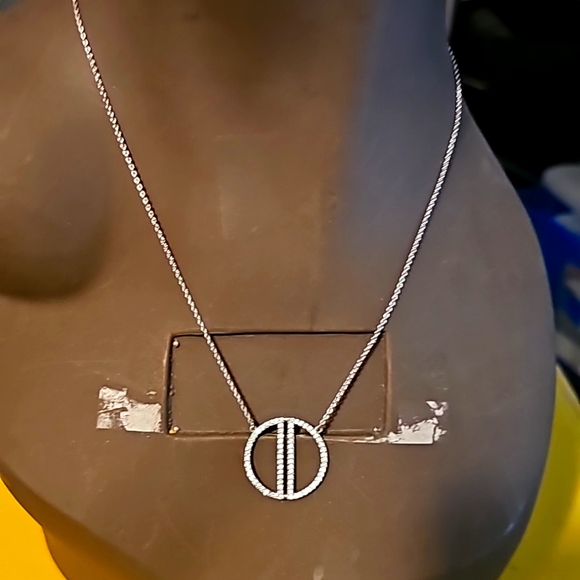 Carmen Silver White Necklace w/Cubic Zirconia Attached Cirle Pendant, 16" Length - Picture 5 of 6